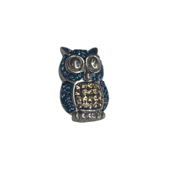 Small Silvertone Owl Pendant Blue Crystals .75" - Picture 2 of 7